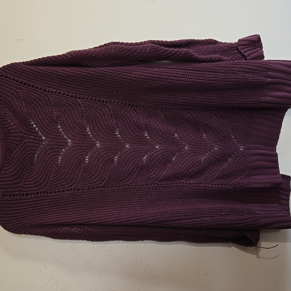 B26 Open Front Cardigan Sweater Pockets Pink Republic Size Md Eggplant Lacy - Picture 8 of 9